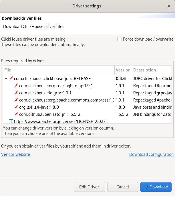 Download the ClickHouse driver - Zoomed